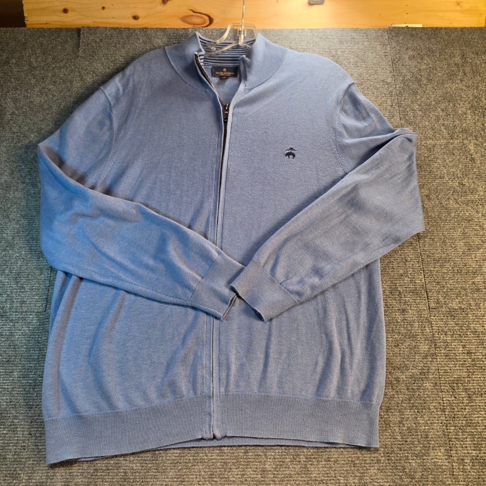 Brooks Brothers Full Zip Sweater Mens Large Blue Supima Cotton Good Logo Mock